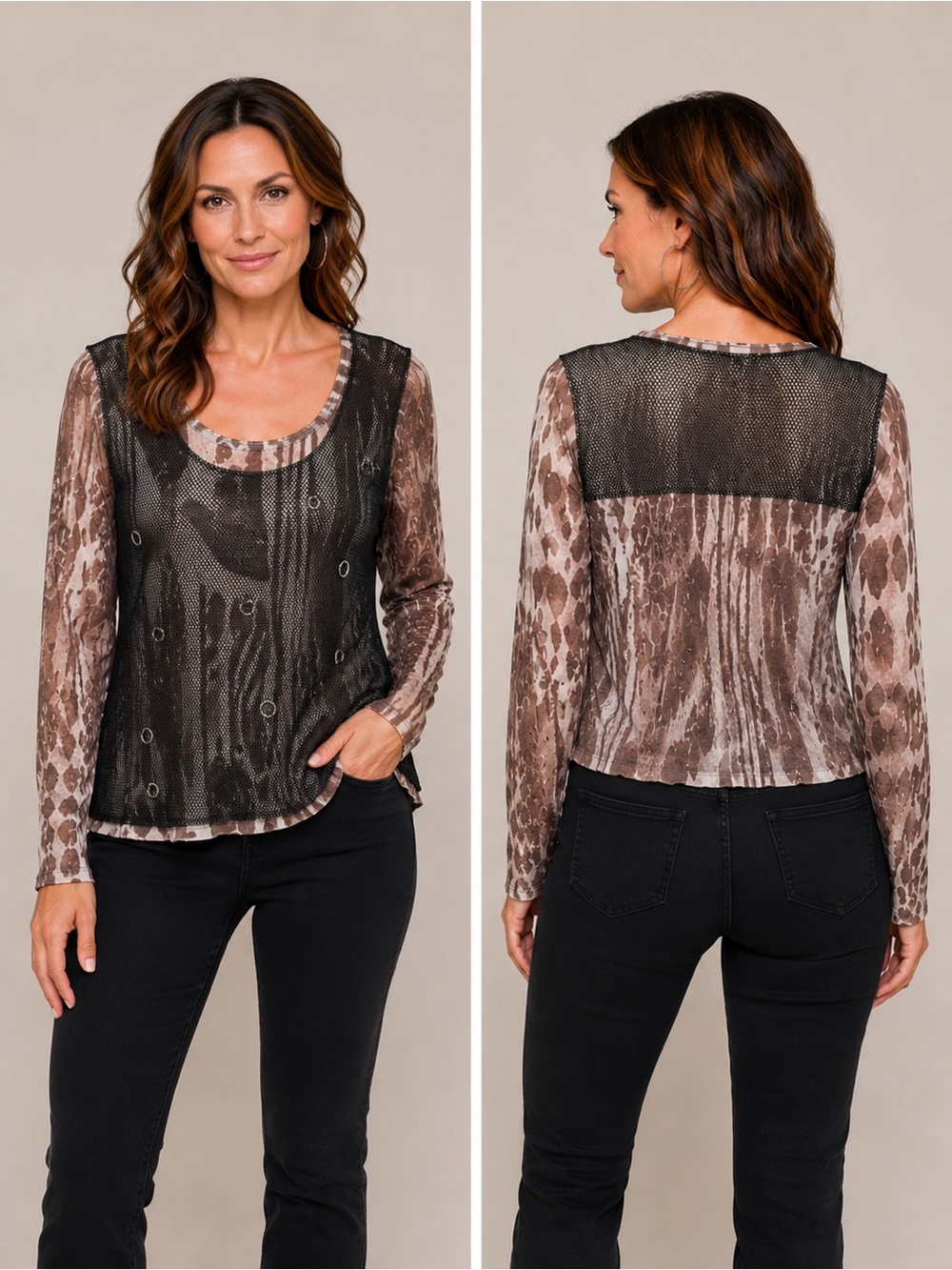 Ness - Layered Light Knit Taupe Animal Print Tee with Black Mesh Overlay -SzM